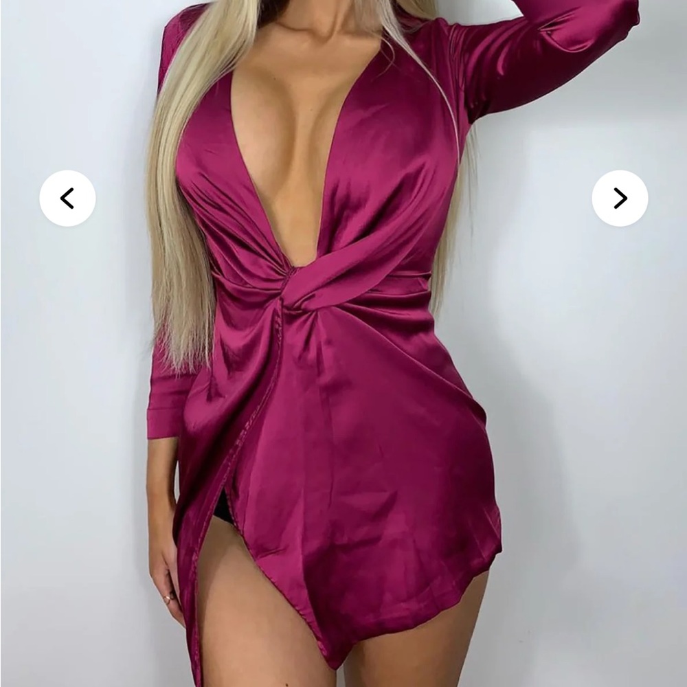 Fashion Nova Deep V-Neck Satin Dress - Burgundy